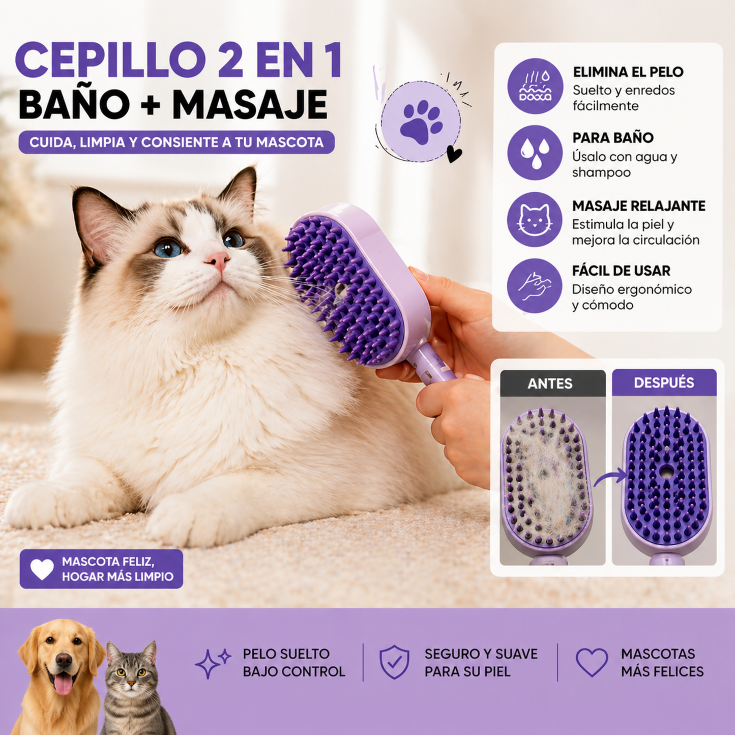 El cepillo se limpia solo elimina el pelo con un clic - masajea y limpia tu hgar